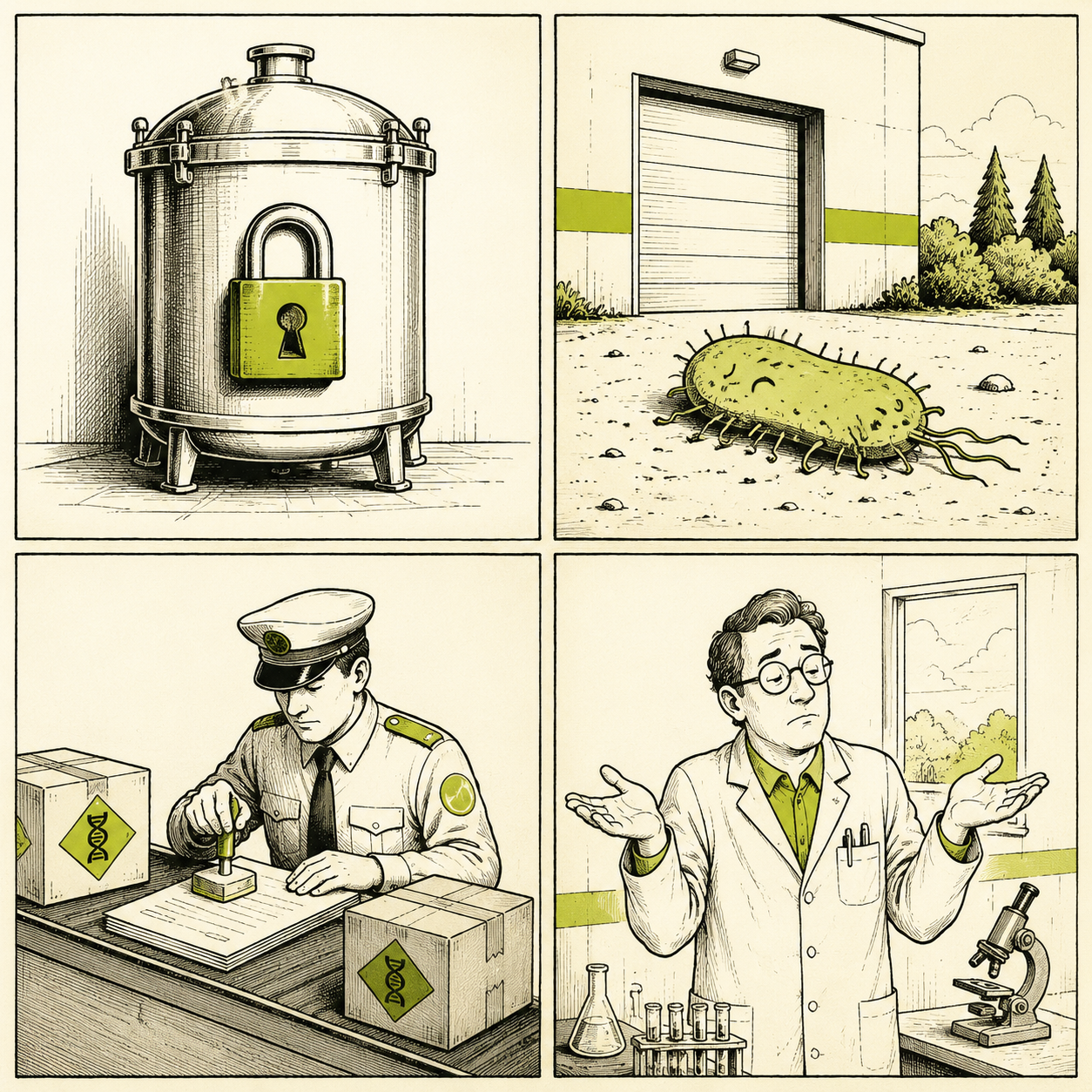 Reactor cerrado con candado, microbio debilitado, aduana del ADN: nada suelto en el campo.