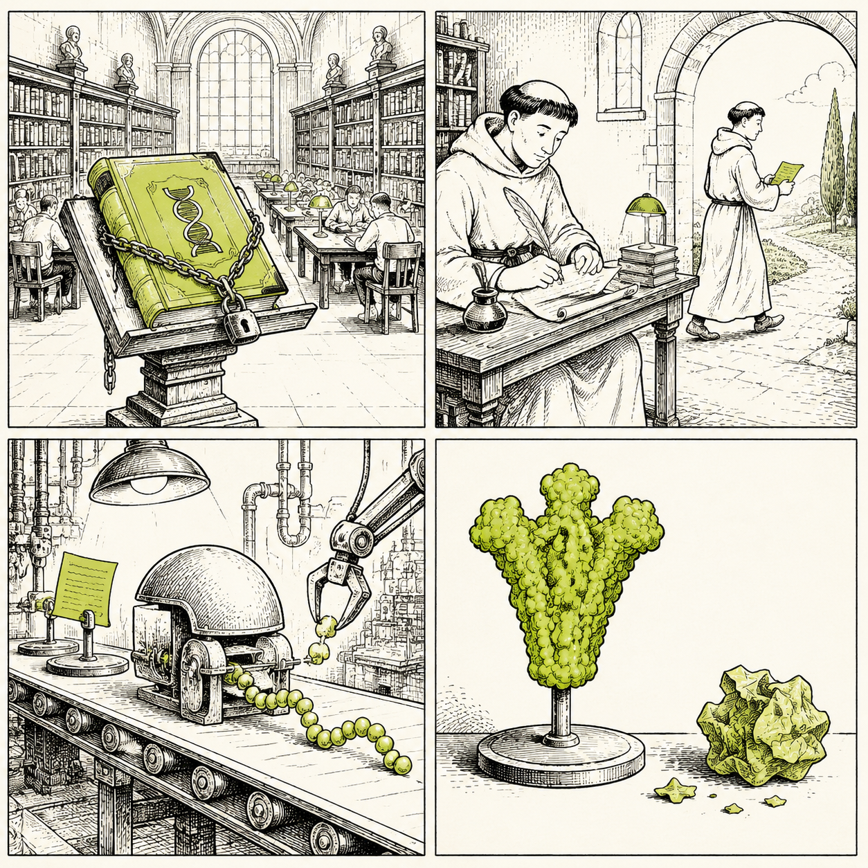 El libro queda en la biblioteca; la copia sale, la fábrica la lee, sale la proteína.