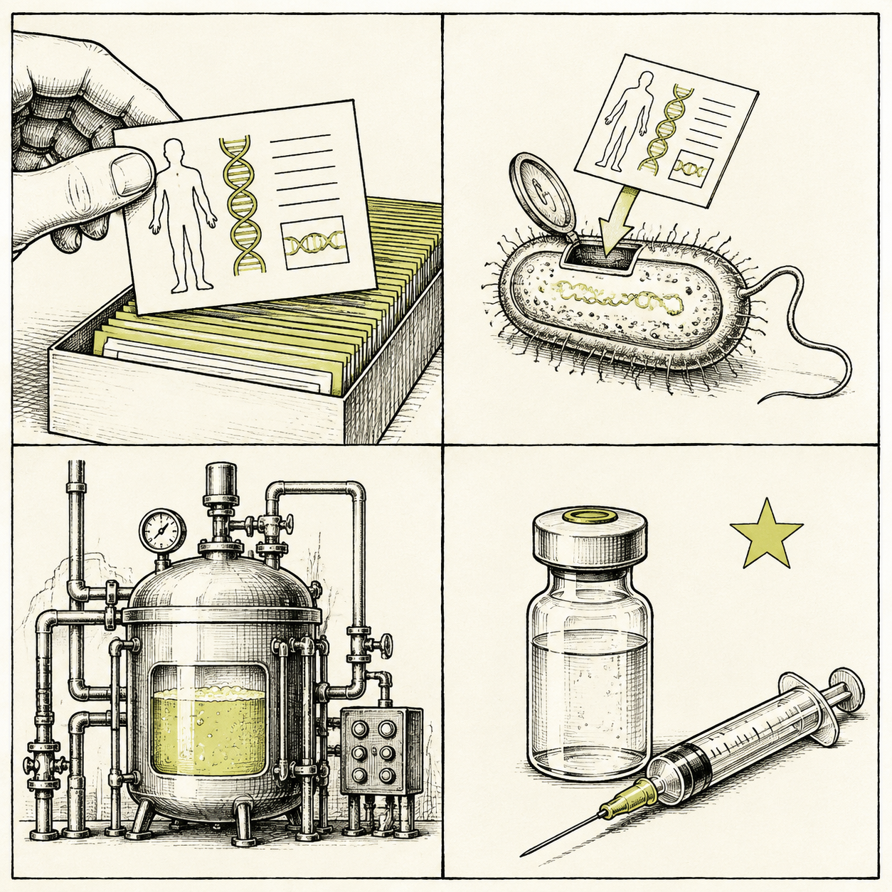 La receta humana de insulina, dentro de bacterias, en un fermentador cerrado: desde 1982.
