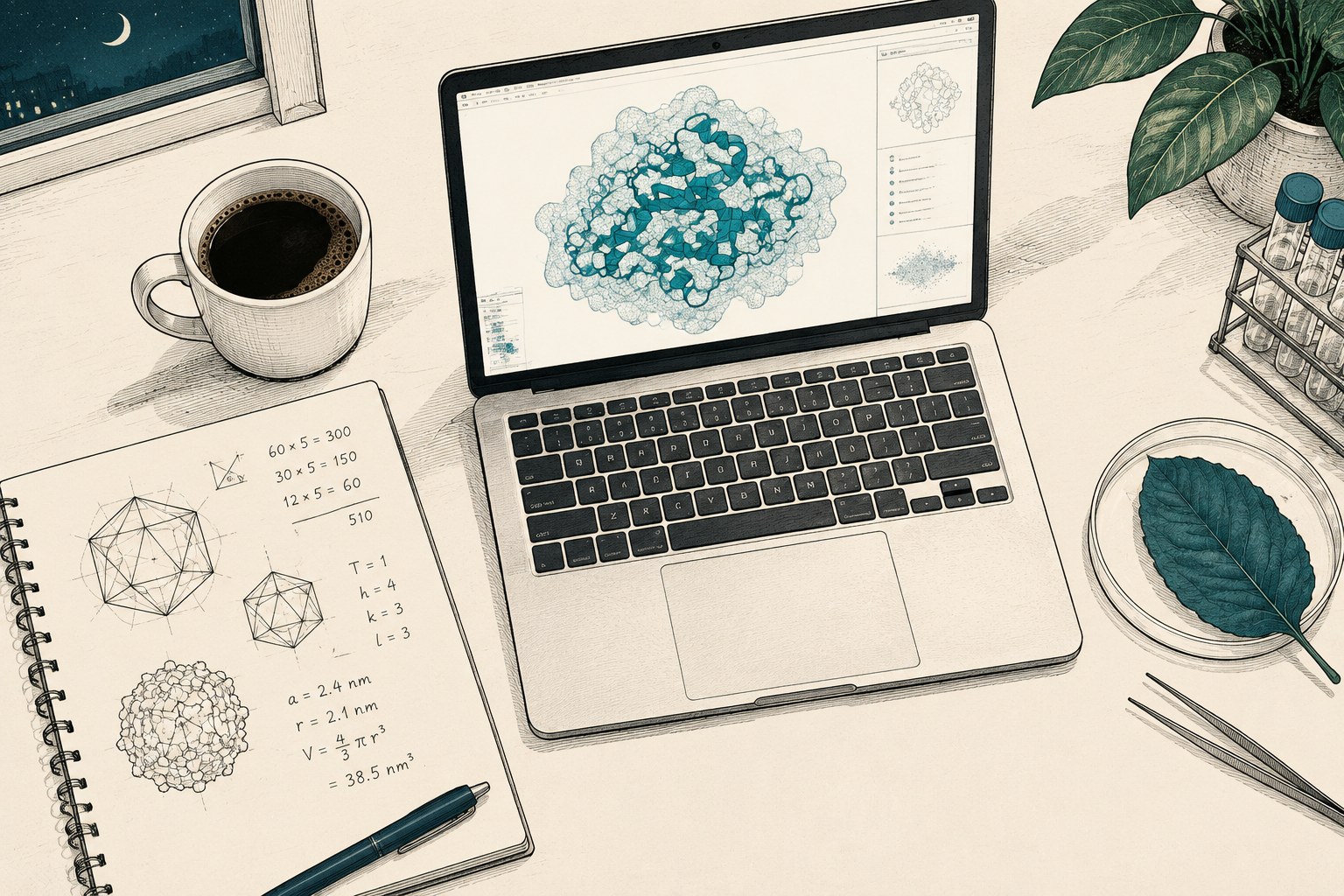 Escritorio de trabajo de noche visto desde arriba: portátil con malla de estructura proteica, cuaderno con bocetos de icosaedros y cálculos, taza de café, una hoja de planta en el borde